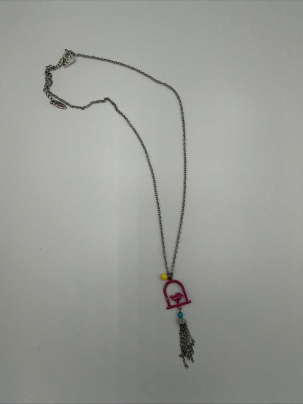 Plunder Silver-Tone Chain with Pink Birdcage Pendant and Bead Accents